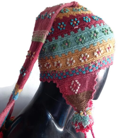 Unisex Andean Wool Chullo with Flowers, Tail and Multicolored Pompoms Cozy Winte